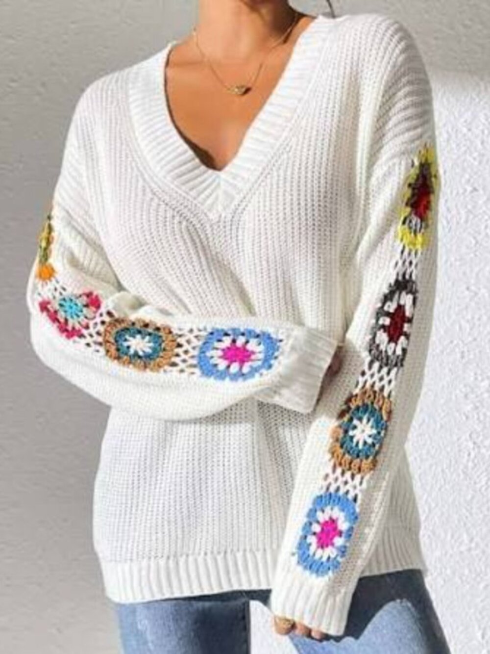 SERENITY COLLECTIVE Crochet Granny Square V-Neck Sweater L Large NWT